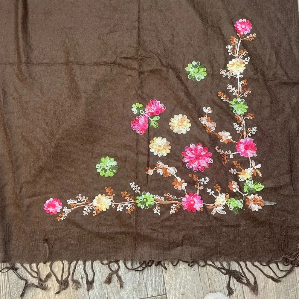 Brown Embroidered Floral Scarf Shawl Wrap Fringe Women's‎ Fashion Accessory